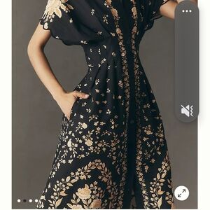 Anthropologie X FARM Rio Black and Gold Floral Midi Dress